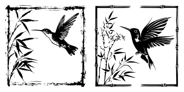 Hummingbird flying with bamboo branches and floral square frame borders in black and white vector ink style