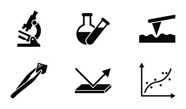Science Icons Set: Microscope, Flasks, AFM, Tweezers, Reflection, Graph. Research & Discovery Vector Graphics