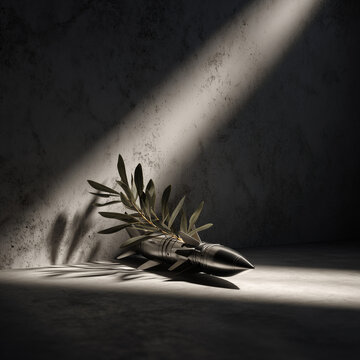 Missile with olive branch in dark room symbolizing peace and war