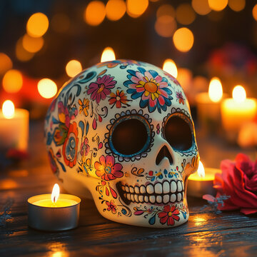 Floral sugar skull with glowing candles for Day of the Dead