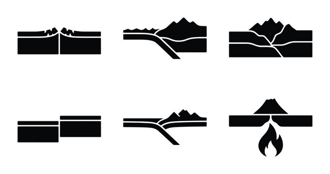 Tectonic Plate Boundaries Vector Icons: Convergent, Divergent, Transform, Subduction, Volcanic Activity