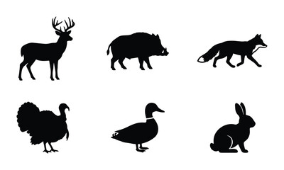 Obraz premium Wild Animal Silhouettes: Deer, Boar, Fox, Turkey, Duck, Rabbit Vector Icons for Hunting and Nature Graphics
