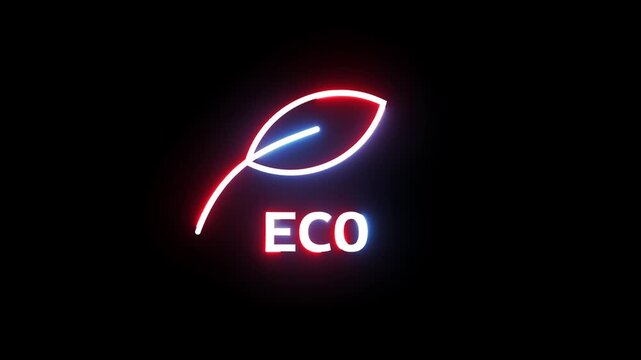 Neon eco leaf icon with glowing blue and red colors shining brightly on black background