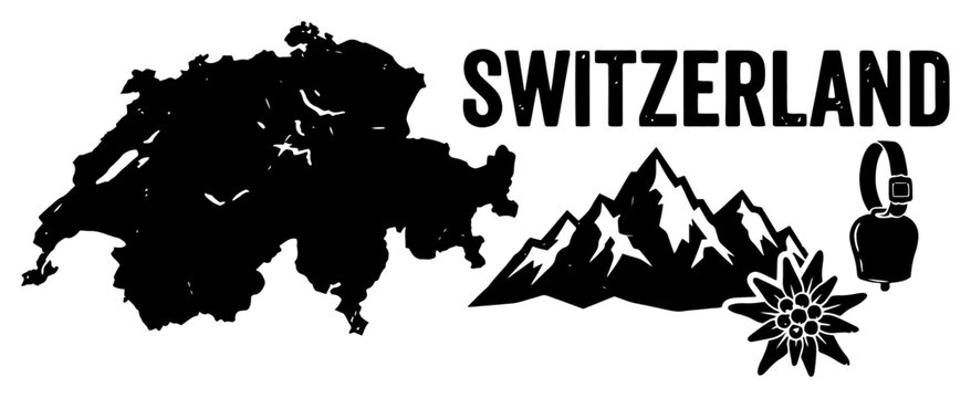 Swiss Alps mountain range with Switzerland map silhouette edelweiss flower and cowbell in distressed rustic style