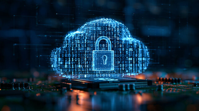 Glowing binary code stream flowing into a locked digital vault icon above a circuit board, bright clean studio background, soft even lighting, cloud security, digital security, dat