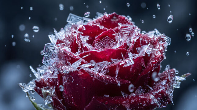 Extreme macro photography of a beautiful red rose being covered in sharp ice crystals