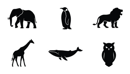 Obraz premium Silhouette Animal Icons Set: Elephant, Penguin, Lion, Giraffe, Whale, Owl Vector Graphics