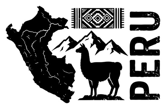 Peru travel emblem with country map silhouette llama andes mountains and ethnic textile in grunge vintage style
