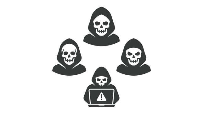 Hooded hacker skull vector illustration featuring dangerous digital characters and cybersecurity threat warning icons for design