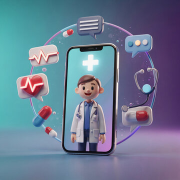 3D Render of Cartoon Doctor on Smartphone Screen for Online Telemedicine Consultation with Medical Icons