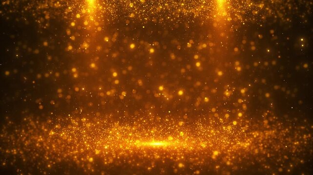 Golden glitter particles float radiant amber scene, forming luxurious frame open copy space. award ceremonies, festive greetings, weddings, gala events, product reveals, anniversary titles celebration