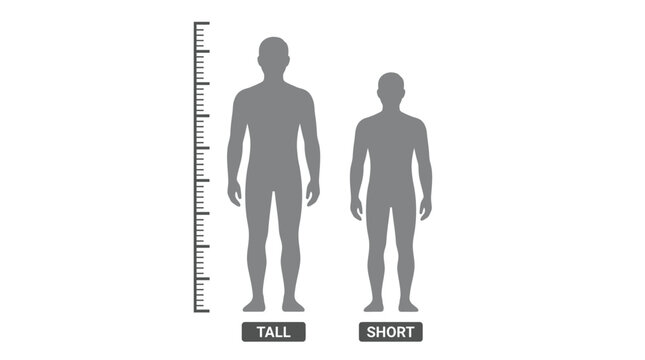 Minimalist vector illustration showing human height comparison between a tall person and a short person figure