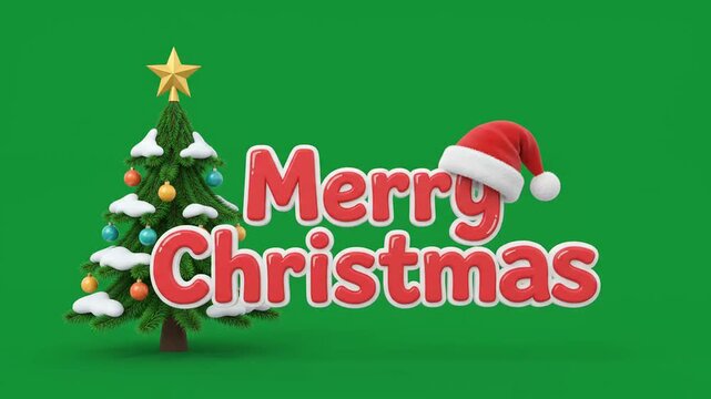 Merry Christmas 3D animation text with a decorated pine tree and santa hat on a green screen background for festive holiday greeting cards and seasonal commercial advertising videos.