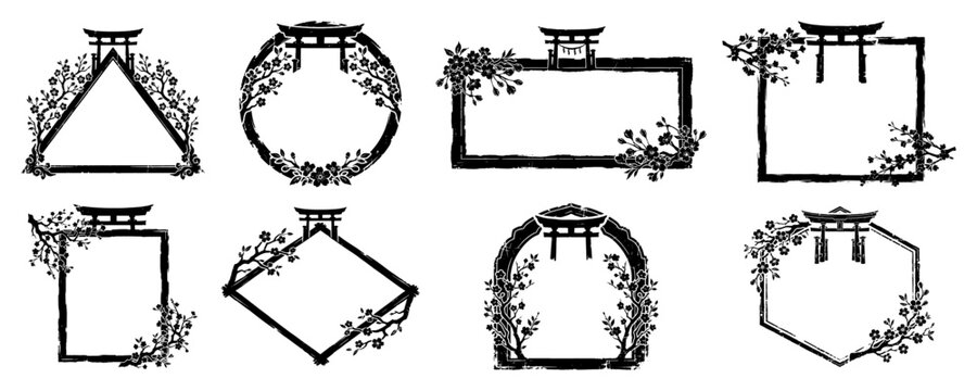 Japanese borders set featuring torii gate and cherry blossom sakura flowers in vintage grunge style