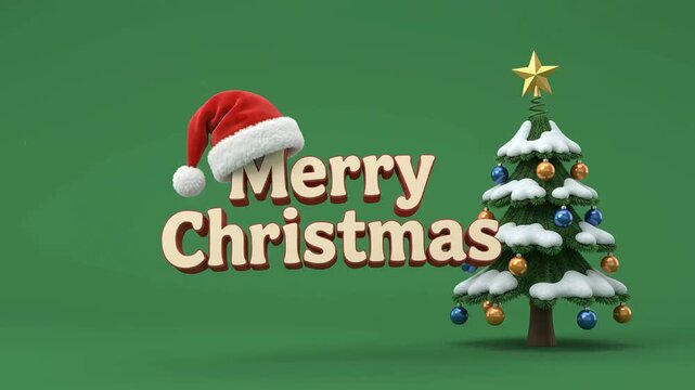 Merry Christmas typography title 3D animation with a Santa hat and decorated fir tree, perfect for holiday greeting card backgrounds, festive video intros, and seasonal digital marketing.