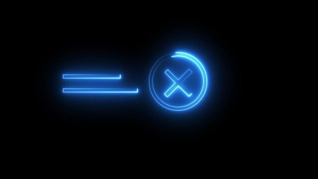Neon blue glowing x mark with two horizontal lines animation on black background seamless loop