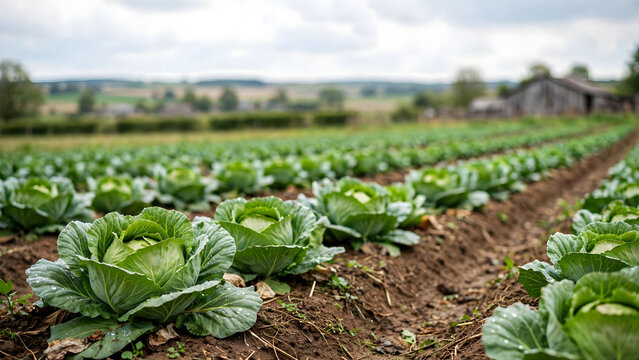 Green cabbage plants growing in field rows for commercial vegetable farming campaigns