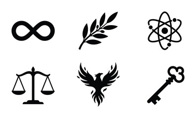 Fototapeta premium Abstract Symbols Set: Infinity, Olive Branch, Atom, Scales, Phoenix, Key Icons for Concept Design