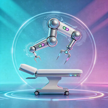 Advanced medical robot arm and operating table in a futuristic hospital setting with neon glowing lights and digital interfaces