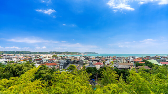 Panoramic coastal cityscape and sea view from Hase-dera temple in Kamakura Japan