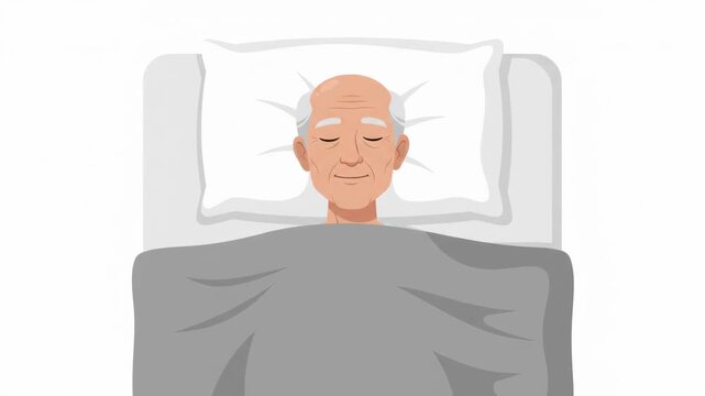 Top view of a peaceful elderly man sleeping soundly in his bed, resting comfortably.