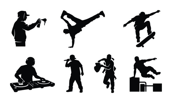 Urban Street Culture Silhouettes: Graffiti Artist, Breakdancer, Skater, DJ, Rapper, Parkour Runner Vector Set