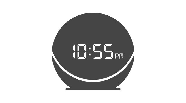 Round digital alarm clock vector illustration displaying time as ten fifty five pm in grey style