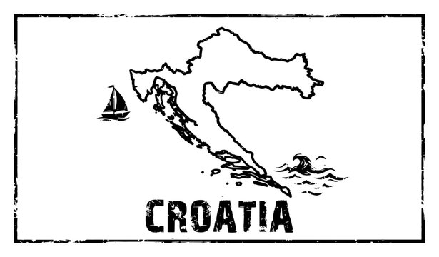Croatia map outline with sailboat and sea waves in vintage grunge stamp style