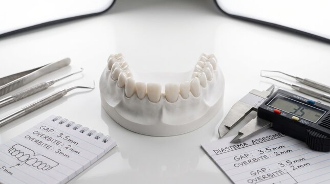 Dental model with measurement tools and notes used for precise dental gap and overbite assessment.