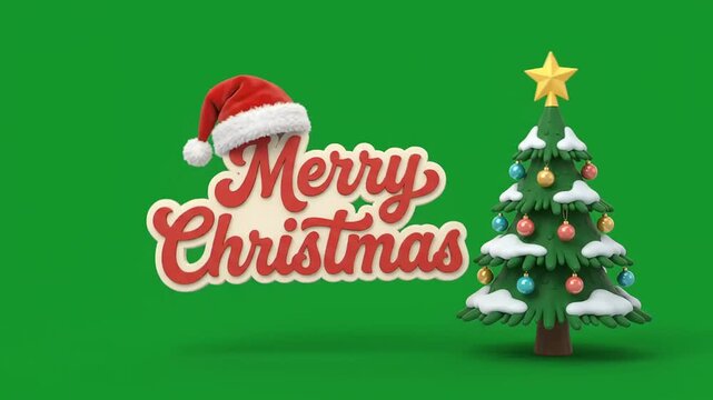 Merry Christmas typography text with a Santa hat and a decorated pine tree in a 3D animation motion graphics video, perfect for holiday greeting cards and winter season banners.