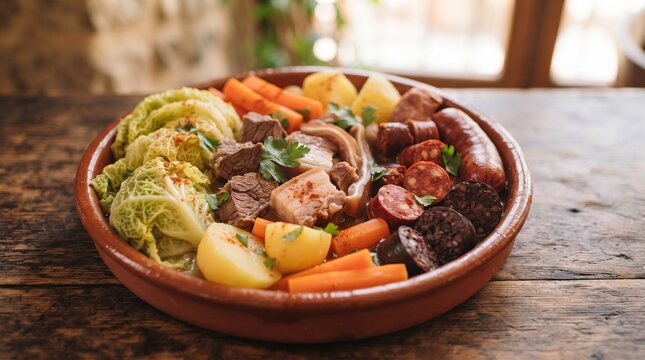 Tradicional Cozido &agrave; Portuguesa com Carnes, Enchidos e Legumes em Prato de Barro