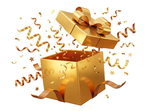 Open golden gift box with flying confetti and streamers explosion on transparent. 3D realistic vector illustration. Luxury gold present box opening for holiday surprise, lottery winner prize.