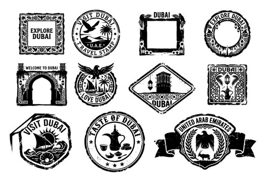 Dubai and United Arab Emirates travel stamps set with traditional arabic symbols and architectural badges in grunge vintage style