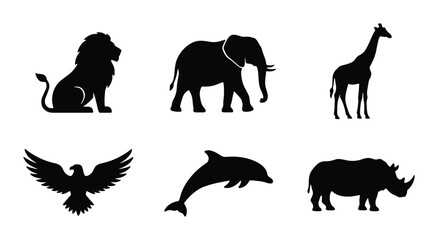 Obraz premium African Wildlife Silhouette Icons: Lion, Elephant, Giraffe, Eagle, Dolphin, Rhino Vector Set
