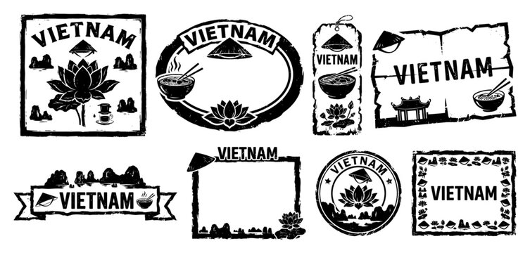 Vietnam travel stamps and frames set with traditional pho bowl conical hat lotus and halong bay in grunge vintage style