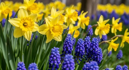 Obraz premium Golden daffodils muscari bloom vibrantly in sun drenched spring field, showcasing brilliant yellow and deep blue hues.