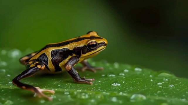 Striped Green Poison Frog on Wet Leaf with Vivid Yellow and Black Markings