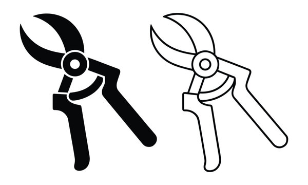 Minimalist garden pruners icon set featuring black silhouette and outline versions for landscaping and backyard maintenance.