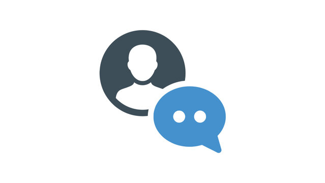 Minimalist vector illustration of a person profile icon paired with a bright blue speech bubble graphic