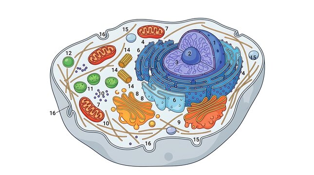 Detailed illustration of an animal cell structure with labeled organelles