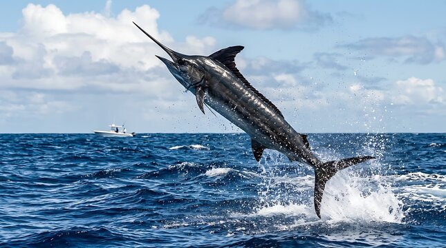 Majestic marlin leaping from ocean waters under clear blue sky