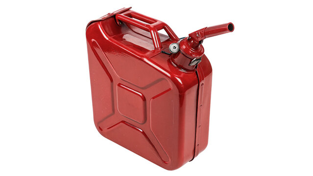 Red metallic jerrycan fuel gasoline canister container isolated on transparent background.