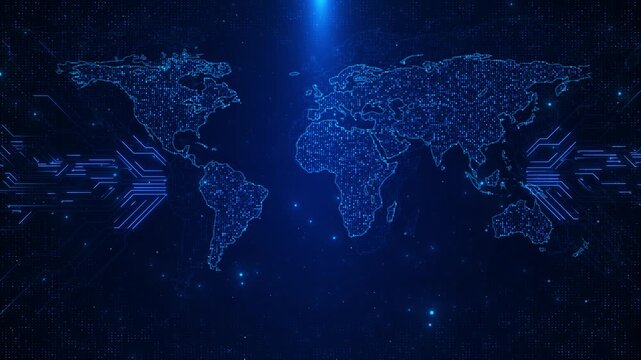 Glowing blue world map from points circuit lines presents global data across 19 scene. international business, network cybersecurity, finance, logistics, internet services news presentations.