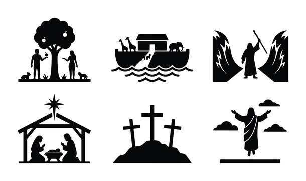 Biblical Scenes Vector Icons: Creation, Noah's Ark, Moses, Nativity, Crucifixion, Resurrection
