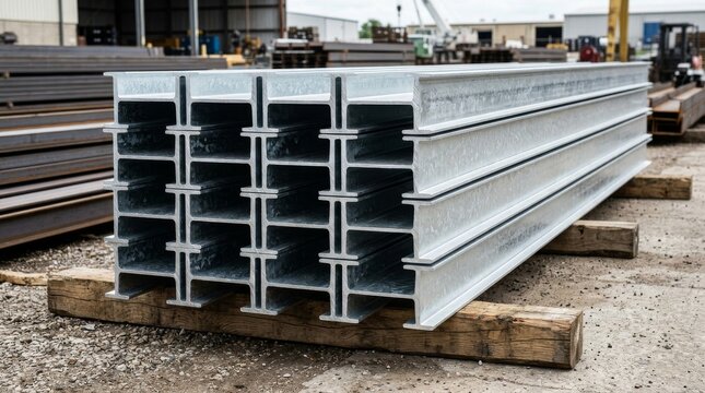 Stack of galvanized steel beams on wooden blocks in industrial storage yard