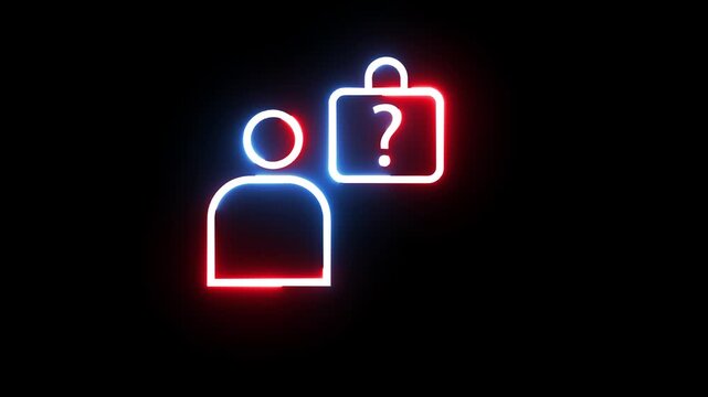 Neon person and question mark briefcase icon glowing with red blue lights on black background