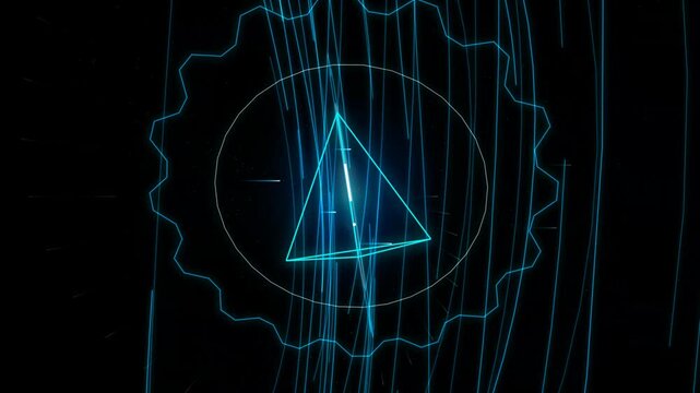 Abstract neon blue triangle icon with glowing digital circular gear lines on a dark background representing technology and security system alert or warning notification 4k Motion Video