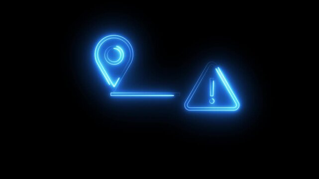 Blue neon navigation warning icon glowing on black background with motion trail graphics