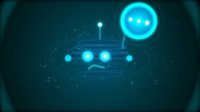 Glowing digital robot character with a speech bubble showing loading dots on a dark blue tech background 4k Motion Video