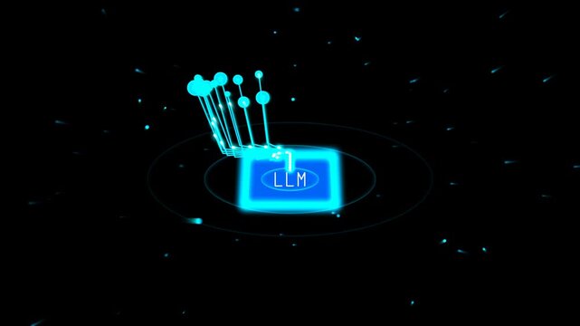 Glowing llm acronym inside a digital box with connected data nodes and network lines floating in abstract dark cyber space representing large language model artificial intelligence 4k Motion Video